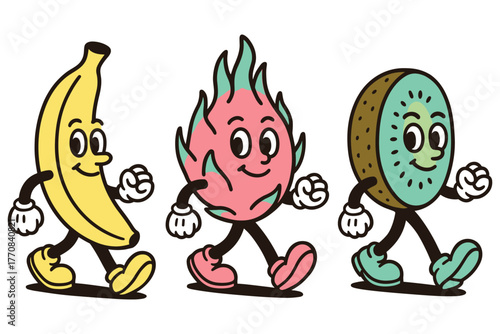 Cartoon fruits walking: banana, dragon fruit, kiwi characters in retro style