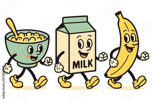 Cheerful breakfast characters: walking cereal, milk, and banana with smiling faces
