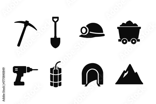 Mining tools and equipment icons in silhouette style