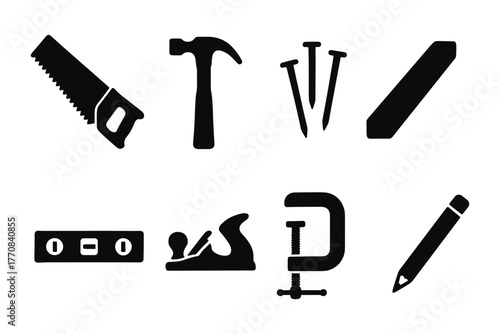 Essential carpentry tools icons: hammer, saw, nails, and more in silhouette style