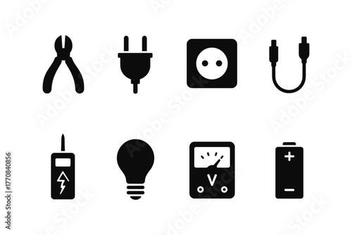 Essential electrical tools and devices in silhouette style for modern tech design