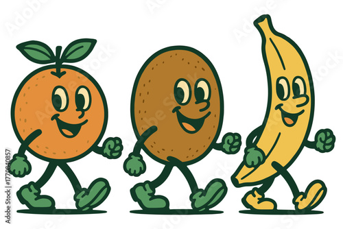 Cheerful cartoon fruits walking together in retro style
