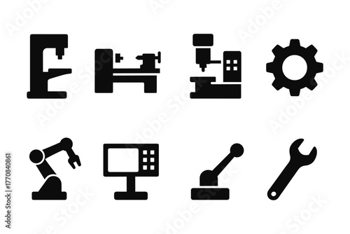 Industrial machine icons set featuring silhouette designs and manufacturing tools