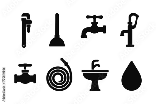 Plumbing tools and fixtures silhouette icons collection