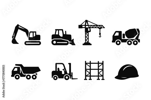Construction equipment icons set featuring cranes, bulldozers, dump trucks, scaffolding, and hard hat in silhouette style