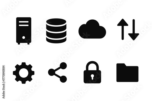 Essential technology icons set for networking and data storage solutions