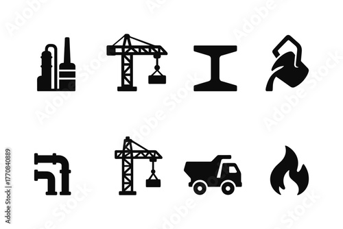 Industrial icons set: construction, steel, heavy equipment, and safety symbols