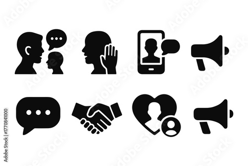 Communication icons set: people, speech bubbles, handshake, megaphone, heart, mobile