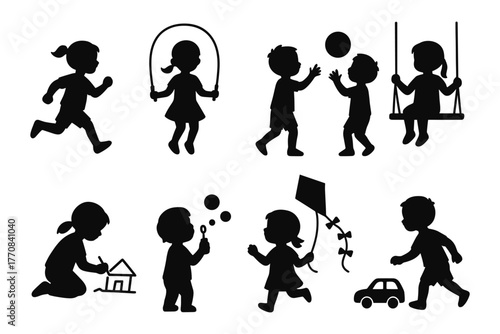 Silhouette of children playing: fun and active kids in various outdoor activities