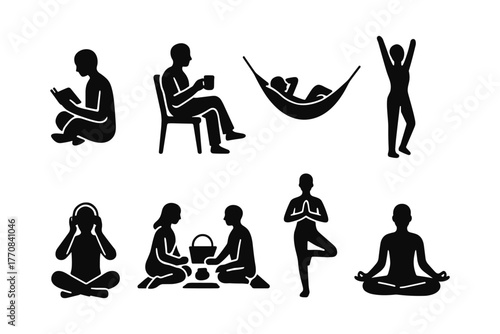 Silhouette set of people engaging in relaxation and mindfulness activities
