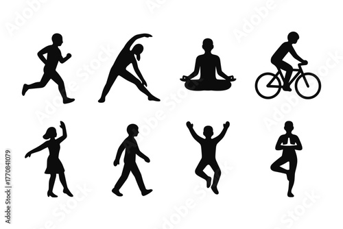 Silhouette set of diverse fitness and meditation activities for wellness inspiration