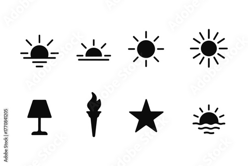 Minimalistic sun and object icons in black silhouette design