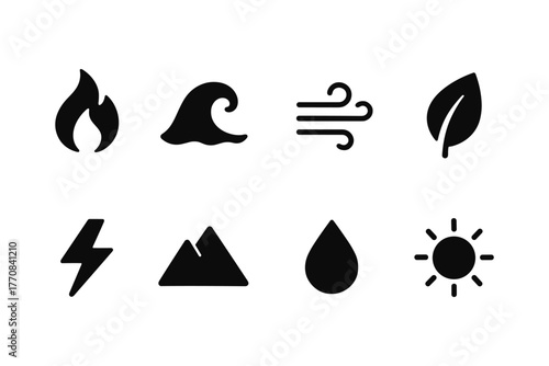 Icon set of nature elements in monochrome design: fire, water, air, earth