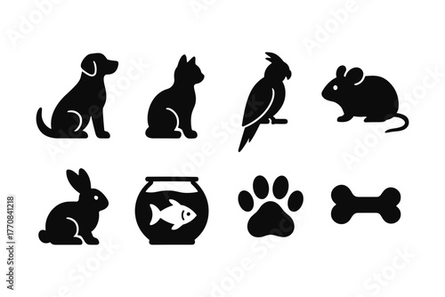 Silhouette pet icons: dog, cat, bird, fish, rabbit, mouse, paw, bone