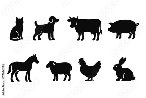 Silhouette farm animals set: cow, dog, cat, and more in minimalist style