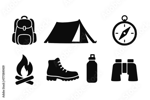 Essential camping gear silhouettes: backpack, tent, and tools for outdoor adventures