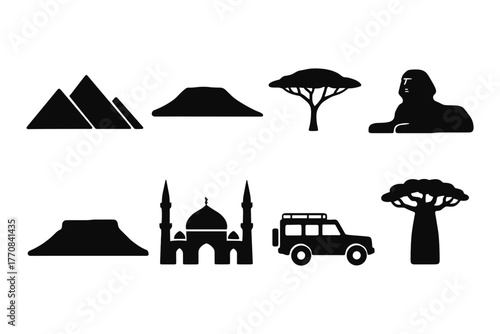Silhouette icons of famous landmarks and nature elements in africa and the middle east
