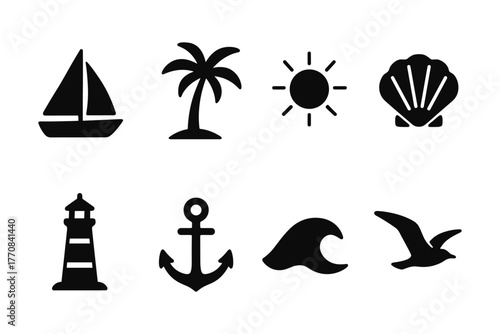 Nautical silhouette icons: sailboat, palm, sun, seashell, lighthouse, anchor, wave, seagull