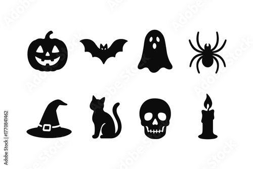 Halloween icon set featuring pumpkin, bat, ghost, spider, witch hat, cat, skull, candle