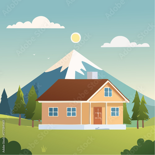 Jolie petite maison en bois en pleine nature, arbres, ciel bleu, soleil