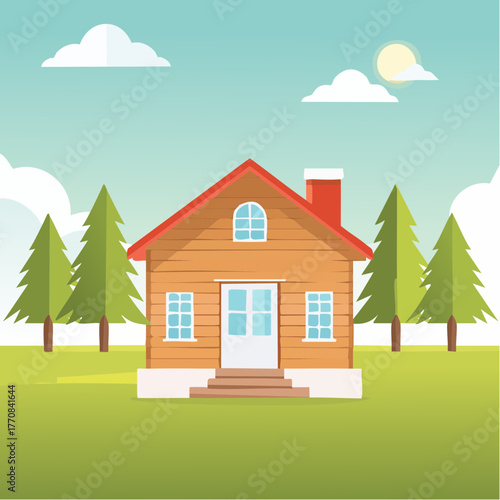 Jolie petite maison en bois en pleine nature, arbres, ciel bleu, soleil