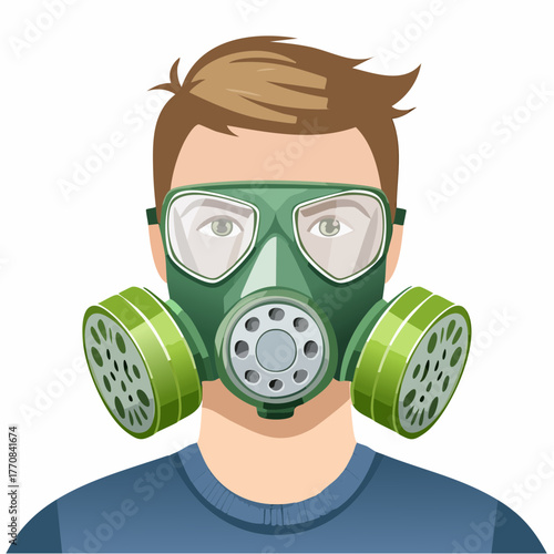 Visage d'un homme portant un masque à gaz, isolé sur fond blanc 