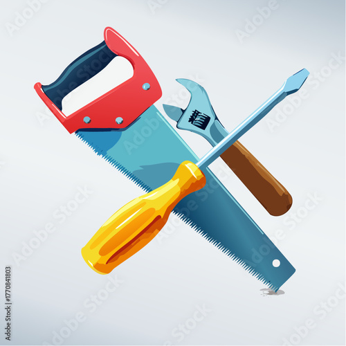 Bricolage, trois outils, scie, clé à molette, tournevis, isolé sur fond clair