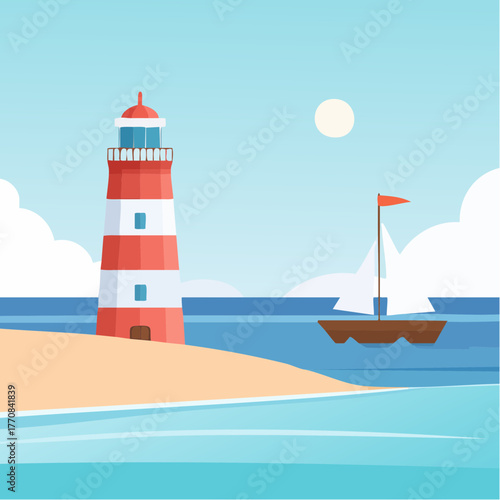 Paysage marin, phare maritime, voilier, océan, illustration colorée
