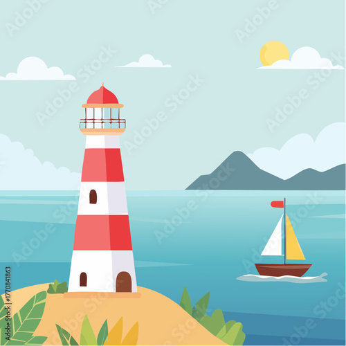 Paysage marin, phare maritime, voilier, océan, illustration colorée