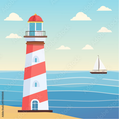 Paysage marin, phare maritime, voilier, océan, illustration colorée