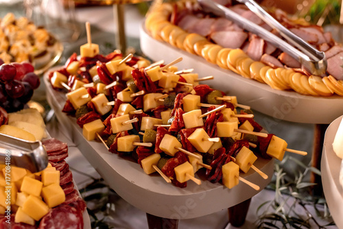 Cold snack table with cheese, salami and cucumber