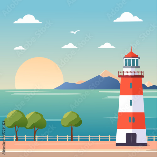 Paysage marin, phare maritime, voilier, océan, illustration colorée