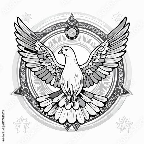 Dessin d'une magnifique colombe en noir et blanc, isolé sur fond blanc 