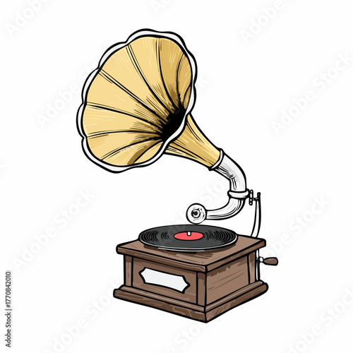 Ancien gramophone, disque, musique, tourne disque, isolé sur fond blanc 