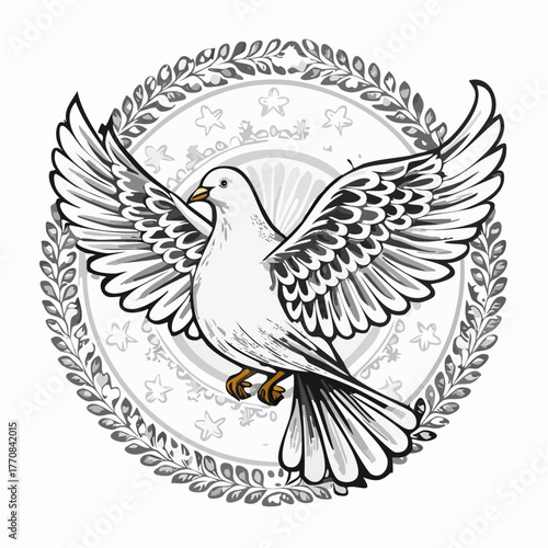 Dessin d'une magnifique colombe en noir et blanc, isolé sur fond blanc 