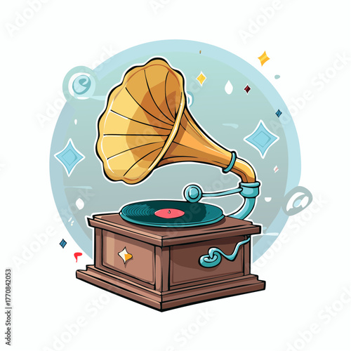 Ancien gramophone, disque, musique, tourne disque, isolé sur fond blanc 