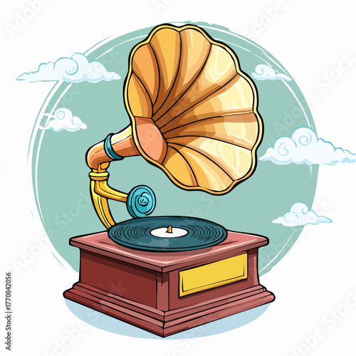 Gramophone ancien, magnifique, isolé sur fond blanc, disque, musique