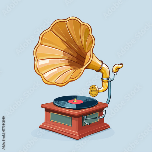 Ancien gramophone, disque, musique, tourne disque, isolé sur fond blanc 