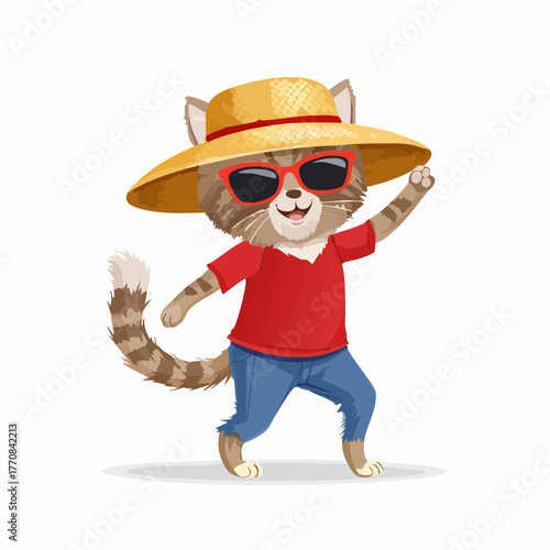 Chat amusant en train de danser, chapeau de paille, lunettes de soleil, 'fun', joyeux, isolé sur fond blanc