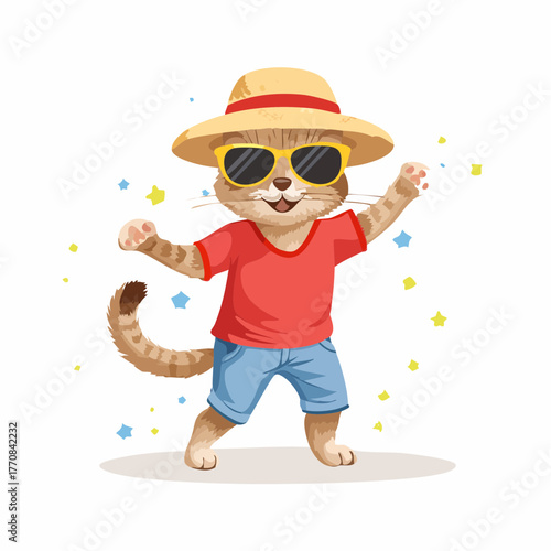 Chat amusant en train de danser, chapeau de paille, lunettes de soleil, 'fun', joyeux, isolé sur fond blanc