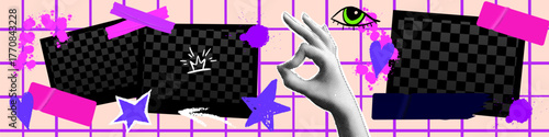Vibrant Y2K scrapbook collage with modern tape edges. Layered y2k photo frame and paper textures form a creative scrapbook photo flow.
