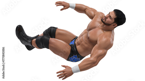 Dynamic professional wrestler in mid-air performing an athletic move, capturing intense action and athletic prowess for sports media