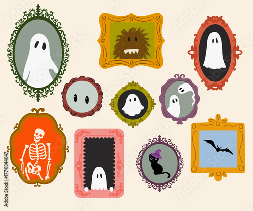 Halloween portraits Ghost, black cat, skeleton, and monster in frames Design elements for Halloween Vector illustration