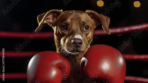 Dog in boxing gloves ready for a fun match