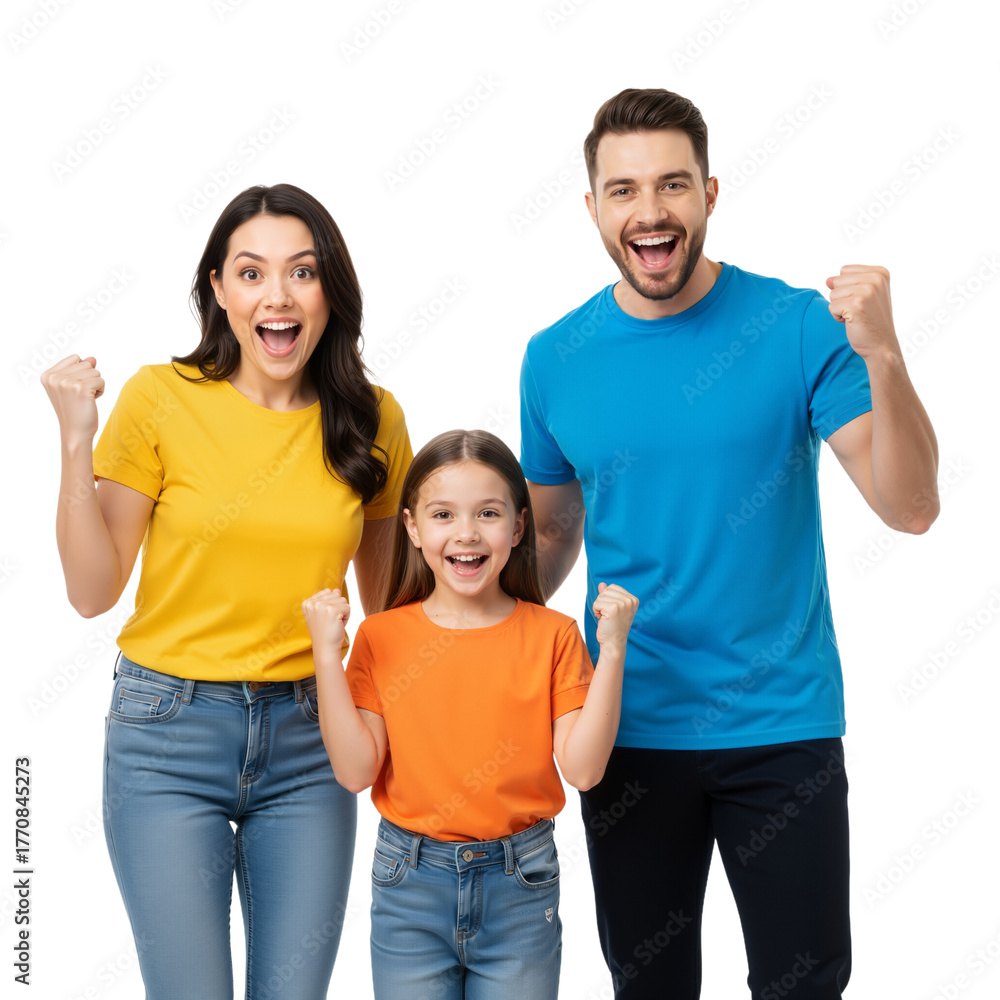 Fototapeta premium Trio Celebrating with Raised Fists – Energetic, Joyful Moment of Shared Triumph and Success