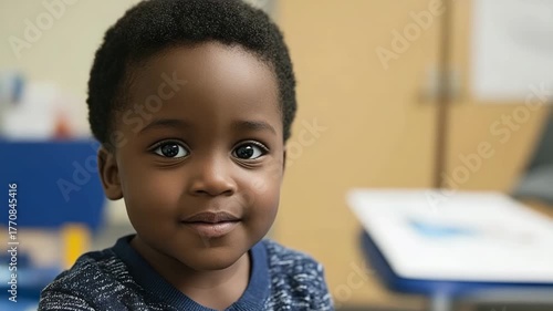 Child smiles happily in classroom during learning time