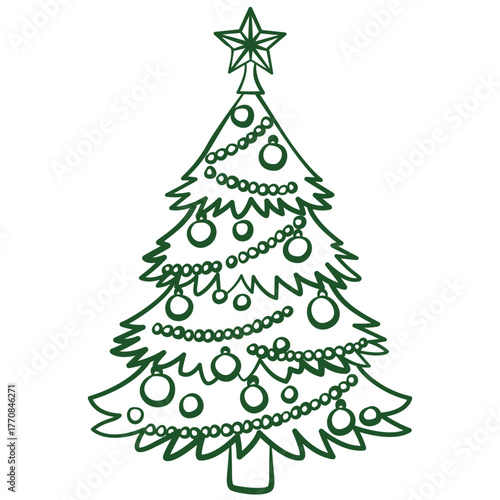 Green Christmas tree with toys in hand drawn style. Festive tree with star on top for winter holiday decoration. Xmas holiday element. Seasonal vector illustrations
