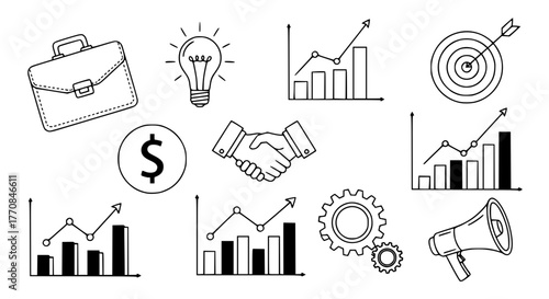 Vector of business icons and graphs, minimal clean line style