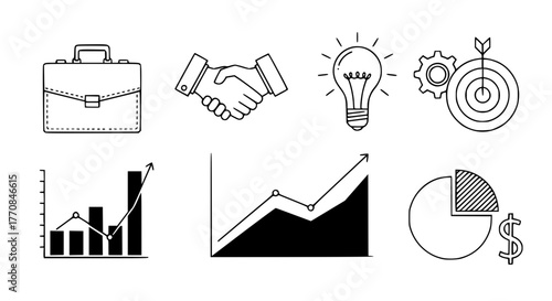 Vector of business icons and graphs, minimal clean line style