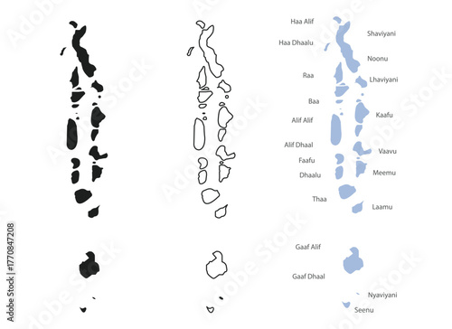 Vector Map of the Maldives with Atolls and Labels, Outline and Solid Versions